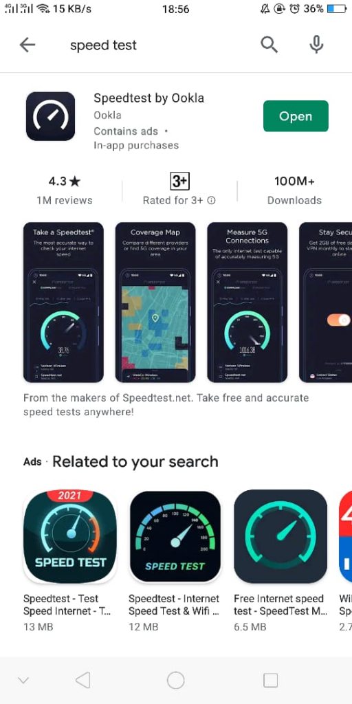 plikasi Speedtest by Ookla di Google Play yang telah di unduh /download lebih ari 100 Juta kali