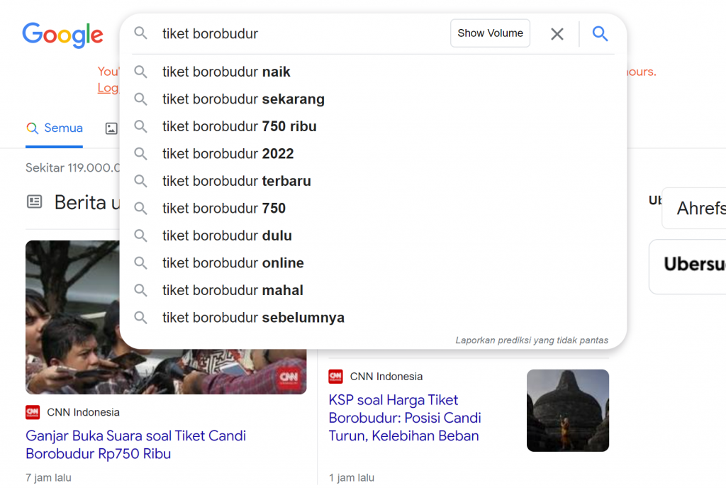 Keyword atau kata kunci  dari hasil pencarian di Google Tiket Borobudur