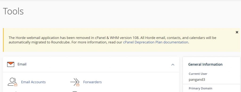 The Horde webmail application has been removed in cPanel & WHM version 108